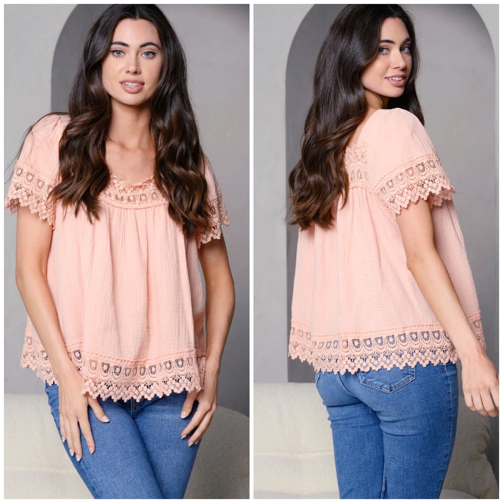 PEACH LOVE CALIFORNIA Peachy Blush Oversized Embroidered Top - Picture 4 of 4